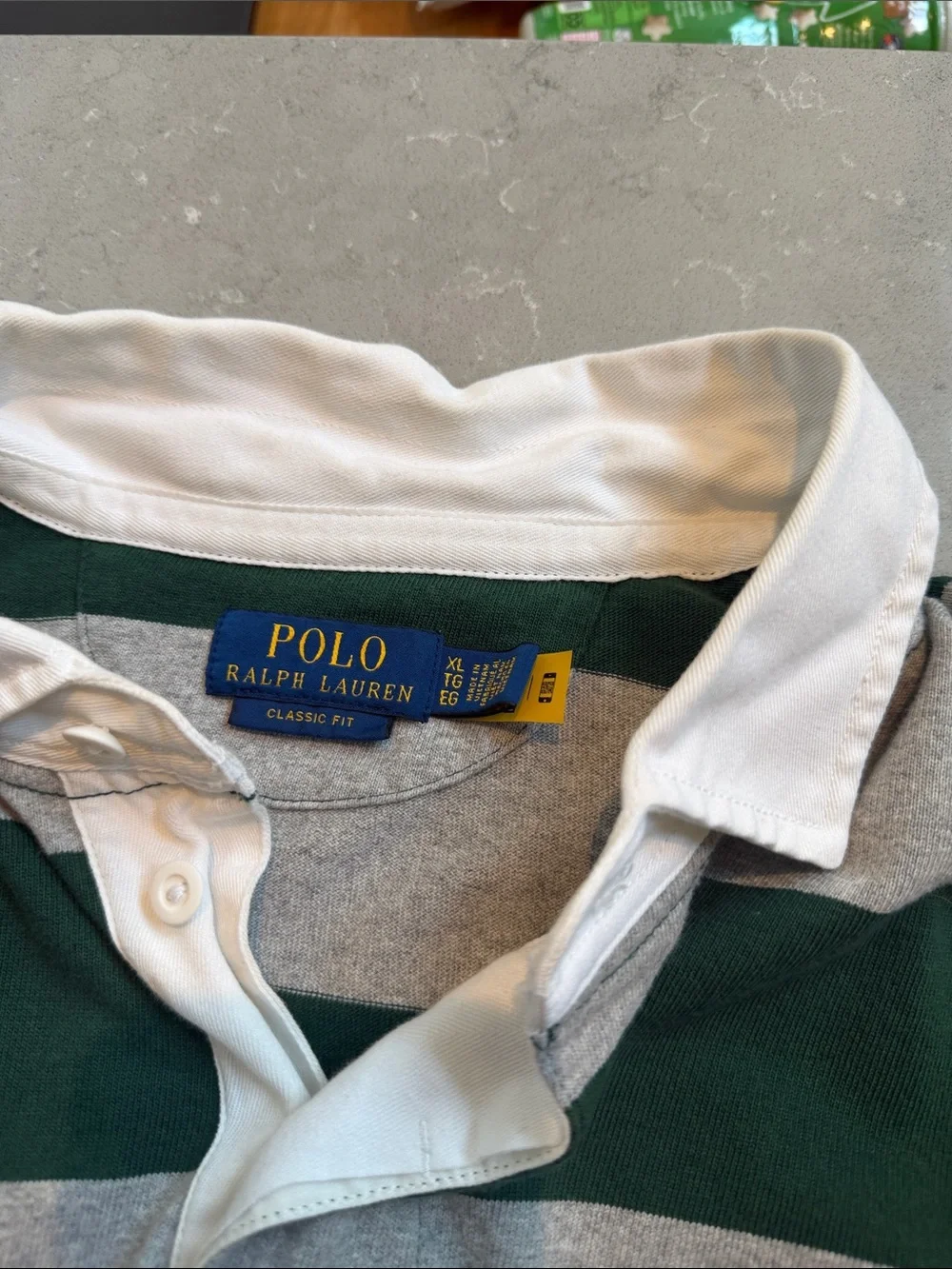 Ralph Lauren Green and Light Gray Striped Long-Sleeve Rugby Polo
